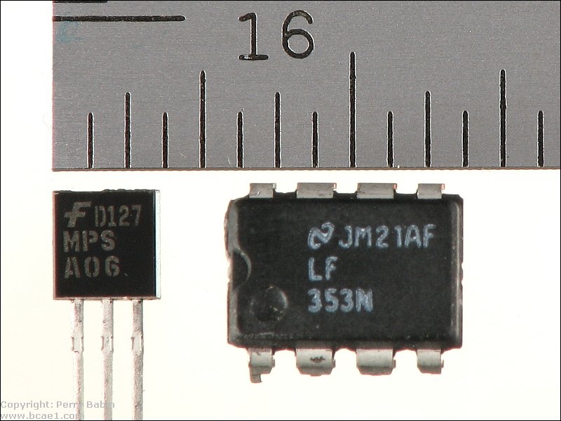LF353 op-amp. MPSA06 transistor, starrett ruler/scale